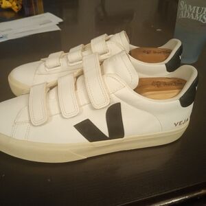 Veja White Leather Velcro Sneakers with Black V Logo